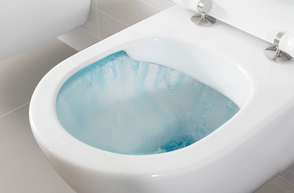 Eine Toilette ohne Spülrand, mit blau gefärbtem Spülwasser.