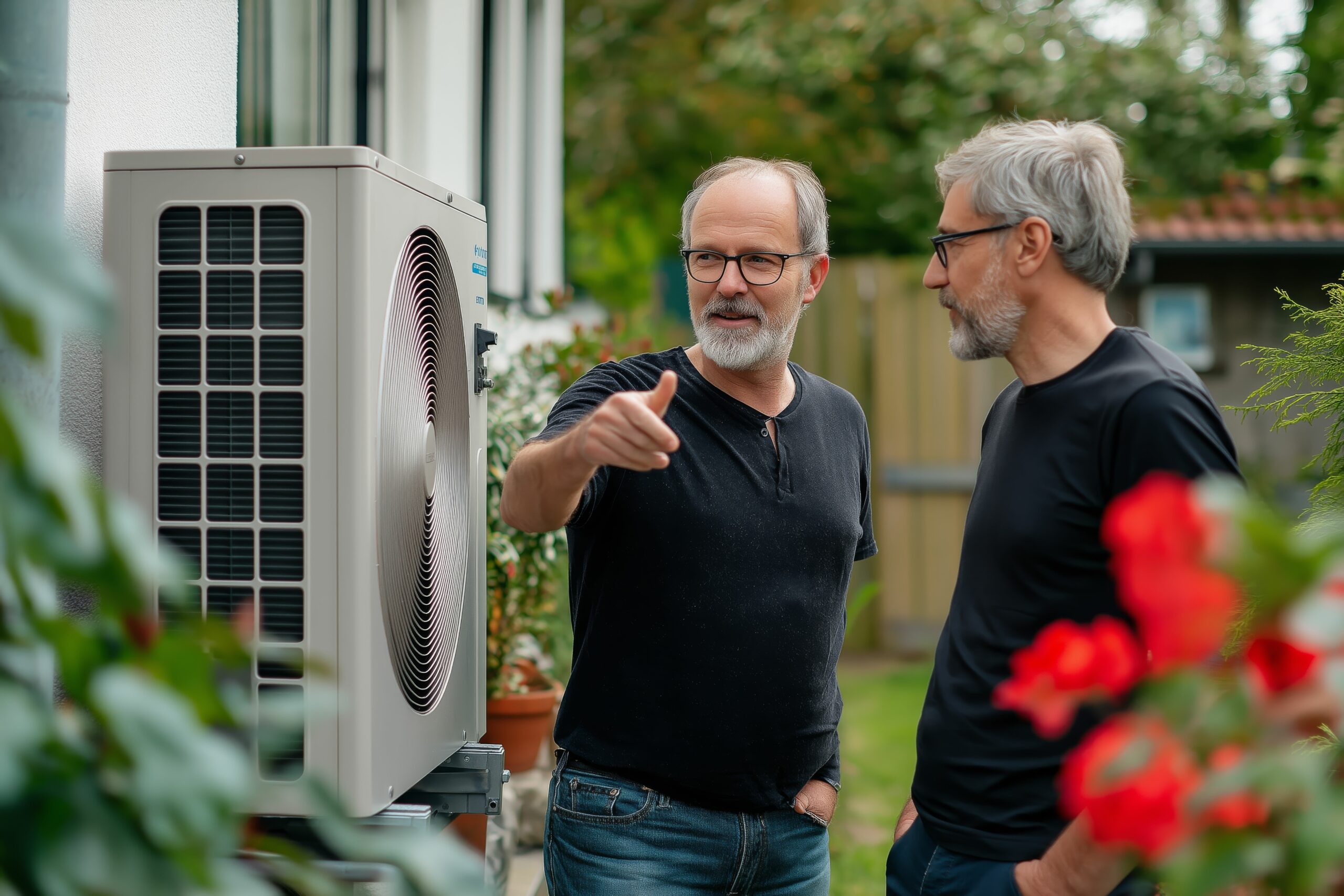 Energiesparen: 2 Männer stehen draußen im Garten vor einem Haus und schauen die installierte Klimaanlage an.