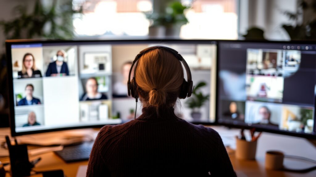 Eine Frau mit dem Rücken zugedreht arbeitet gerade von Zuhause im Home-Office