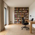 Modernes Home-Office mit großem Wollteppich, schweren Vorhängen und voller Bücherwand für gute Akustik