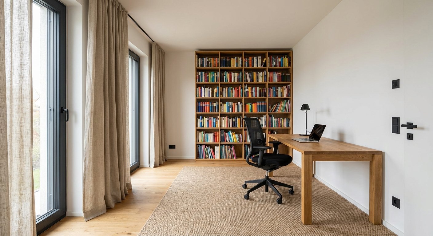 Modernes Home-Office mit großem Wollteppich, schweren Vorhängen und voller Bücherwand für gute Akustik