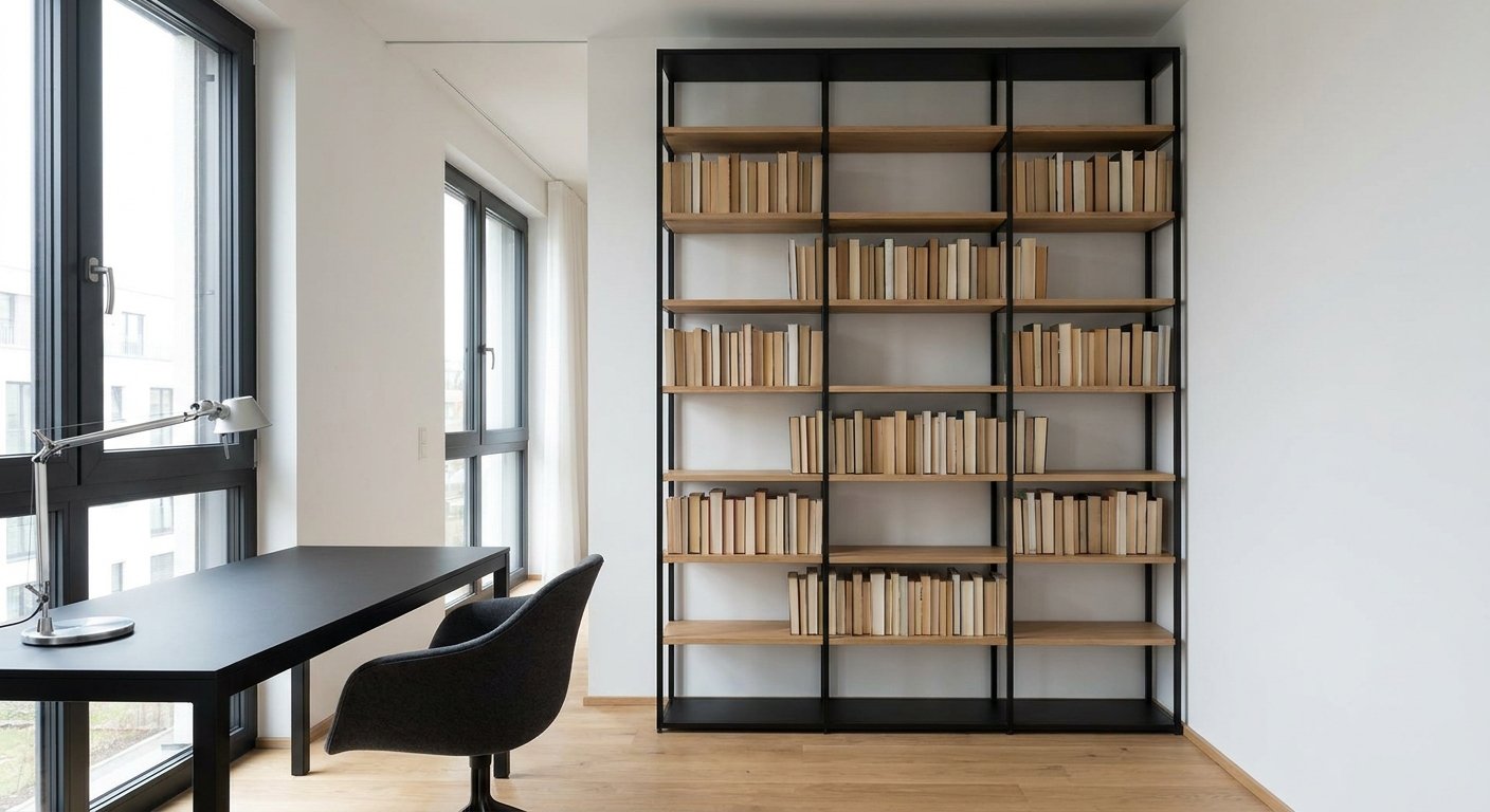 Moderne hohe Bücherwand mit dicht gestellten Büchern in unregelmäßiger Tiefe