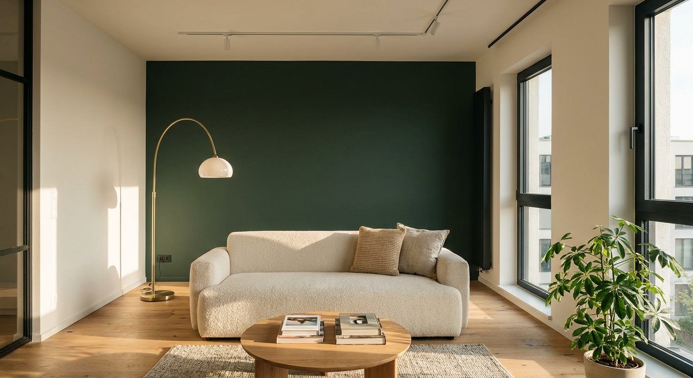 Modernes Wohnzimmer mit dunkelgrüner Akzentwand hinter cremefarbenem Boucle-Sofa und Messing-Stehlampe