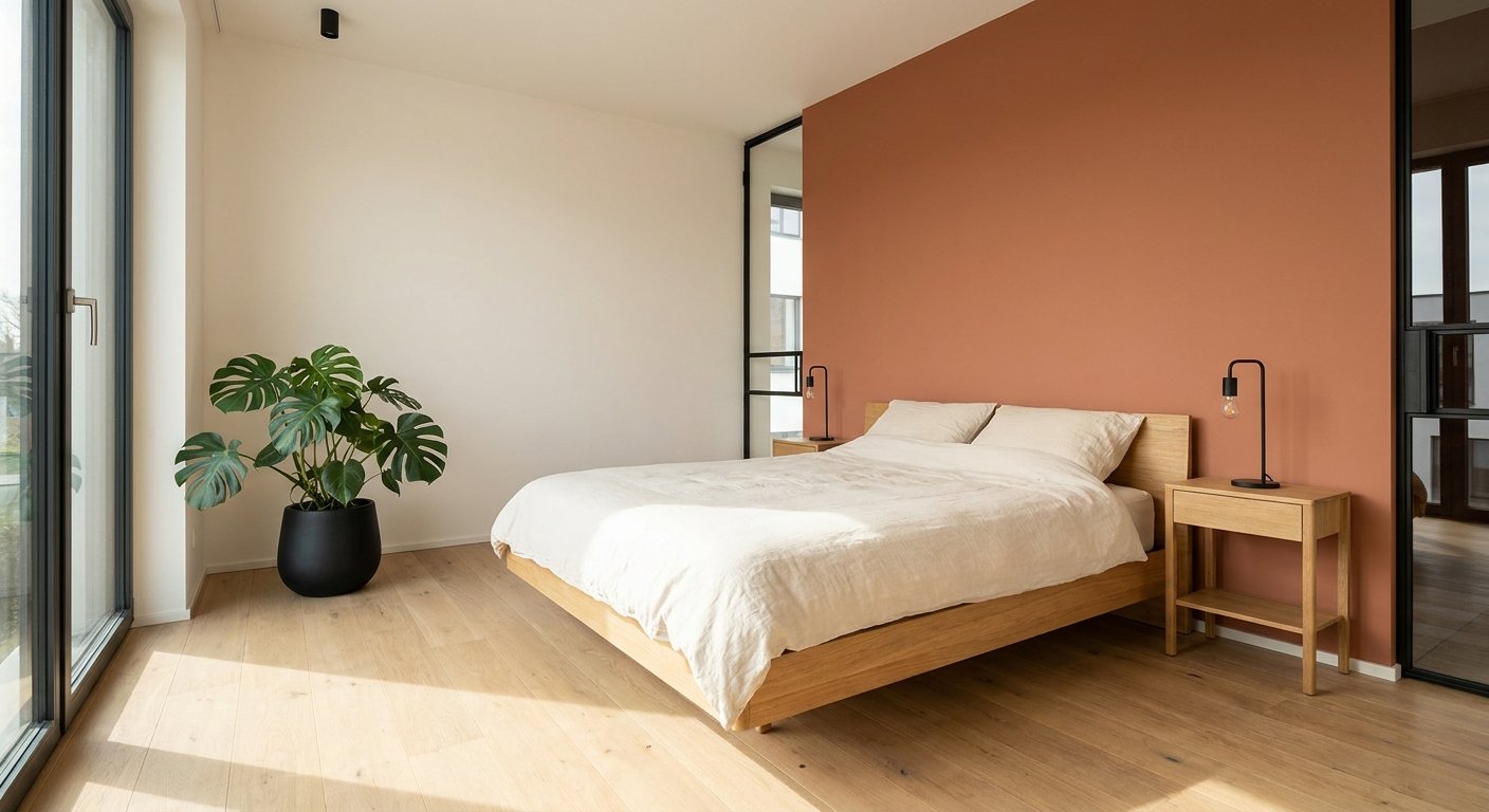 Modernes Schlafzimmer mit Terrakotta-Akzentwand hinter dem Bett, Eichen-Nachttische und Monstera-Pflanze