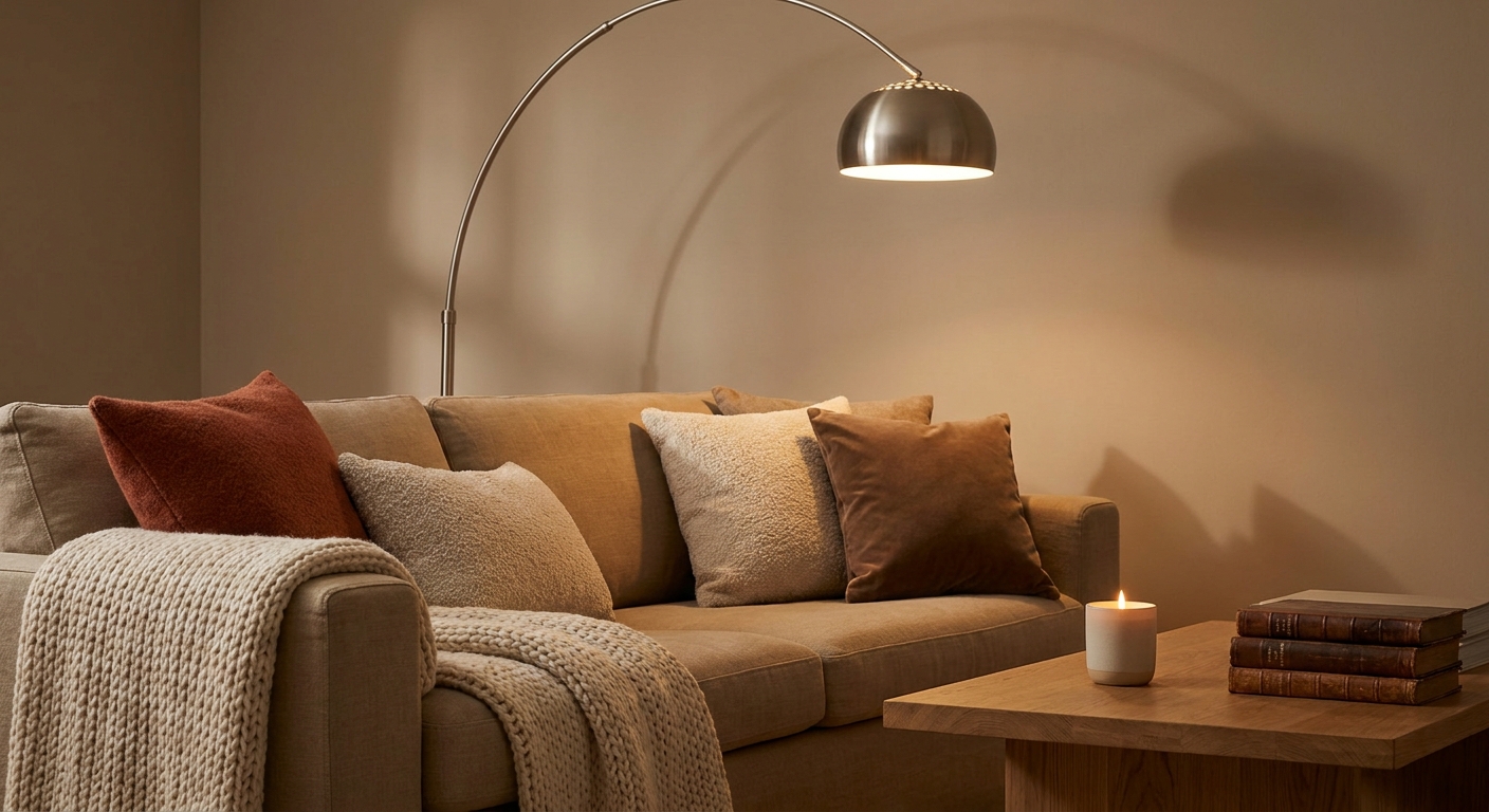 Sofaecke mit geschichteten Kissen, Wolldecke und warmer Stehleuchte am Abend