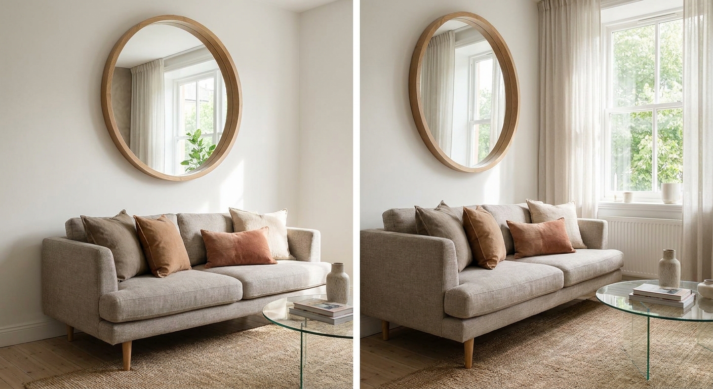 Heller kleiner Wohnraum mit schlankem Sofa, Glastisch und großem Spiegel gegenüber dem Fenster
