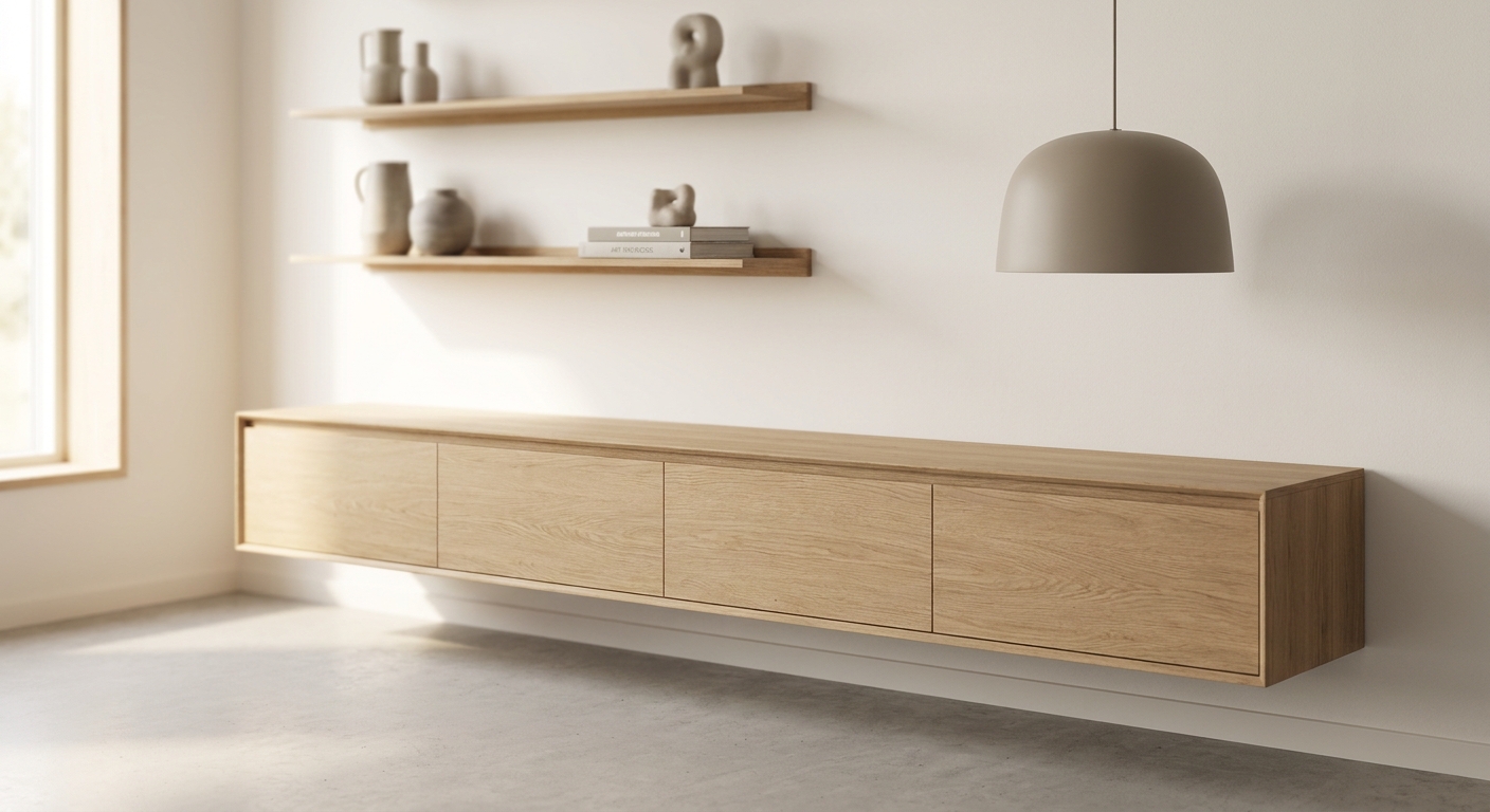 Wandmontiertes schwebendes Sideboard und Regale über freiem Boden in kleinem Raum