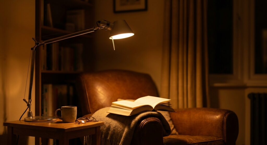 Sessel mit angewinkelter Leseleuchte und aufgeschlagenem Buch im abendlich abgedunkelten Raum