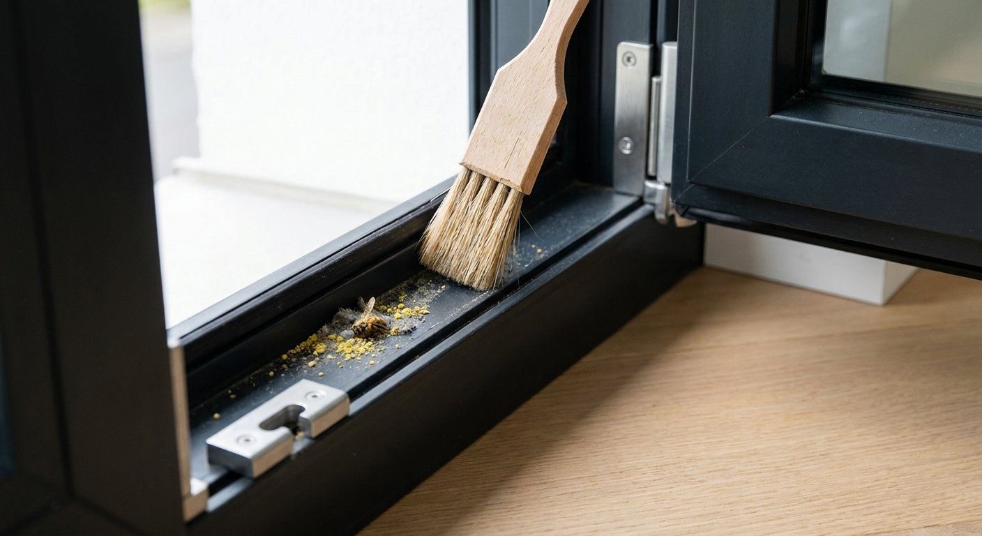 Pinsel reinigt den Falz eines modernen Fensters von Pollen, Staub und einer Fliege