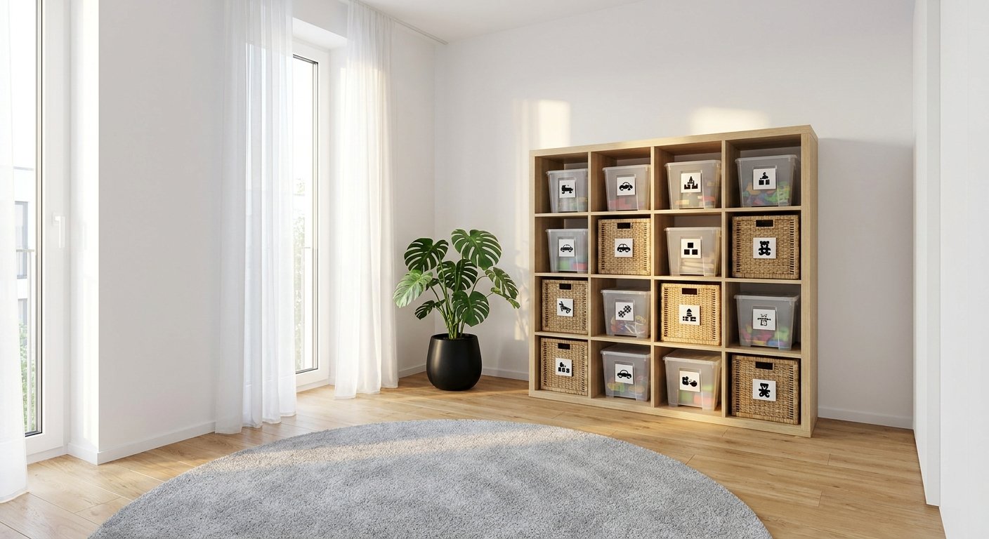 4 mal 4 Würfelregal aus heller Eiche im modernen Kinderzimmer mit Boxen und Körben pro Fach