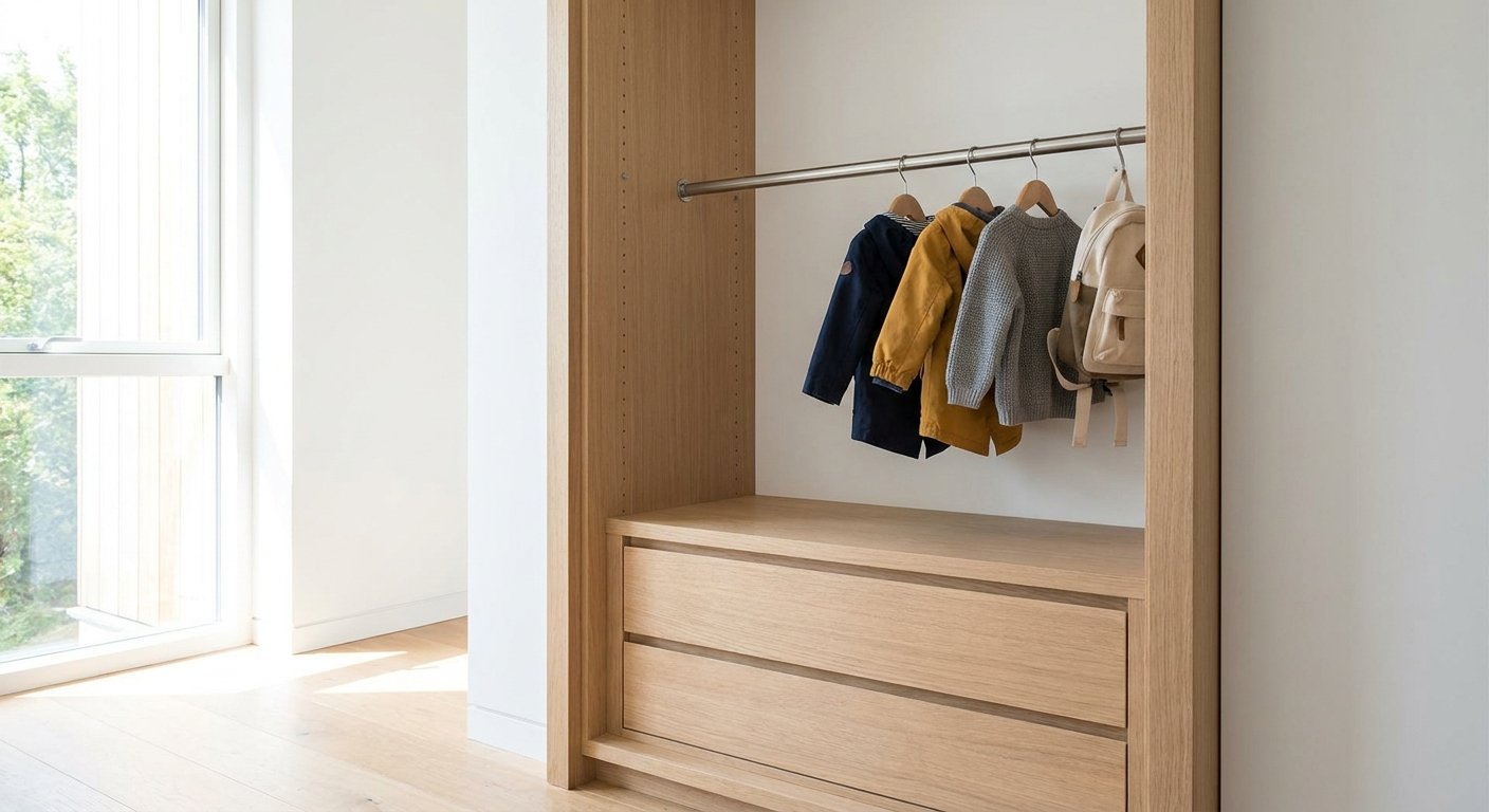 Geöffneter moderner Kinderkleiderschrank mit höhenverstellbarer Kleiderstange auf 110 cm Höhe