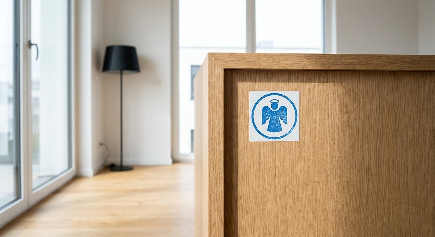 Nahaufnahme des Blauer-Engel-Aufklebers auf moderner Eichen-Möbeloberfläche