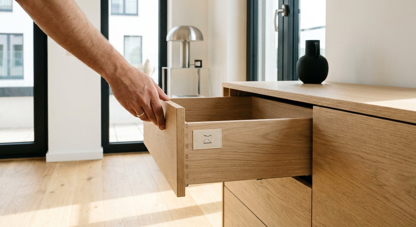 Hand öffnet die Schublade eines modernen Eichen-Schranks zum Geruchstest mit Etikett im Inneren