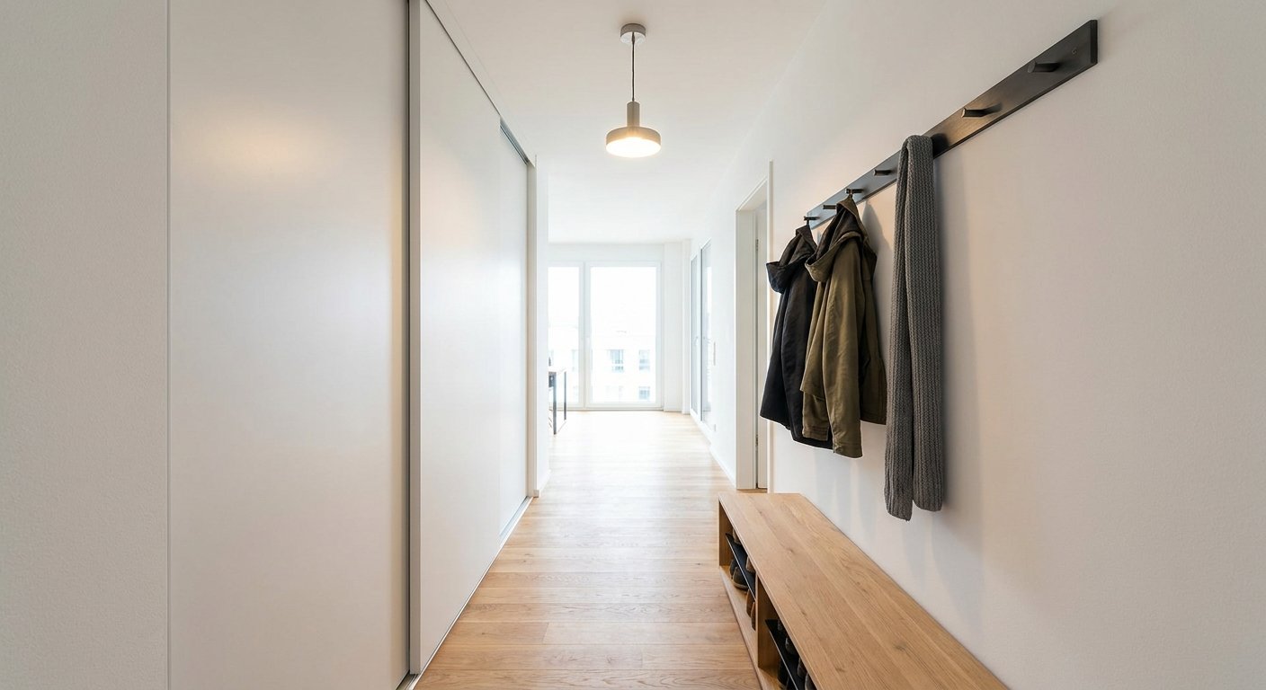 Schmaler moderner Flur mit weißem Schiebetür-Schrank links und Eichen-Bank mit Wandhaken-Leiste rechts