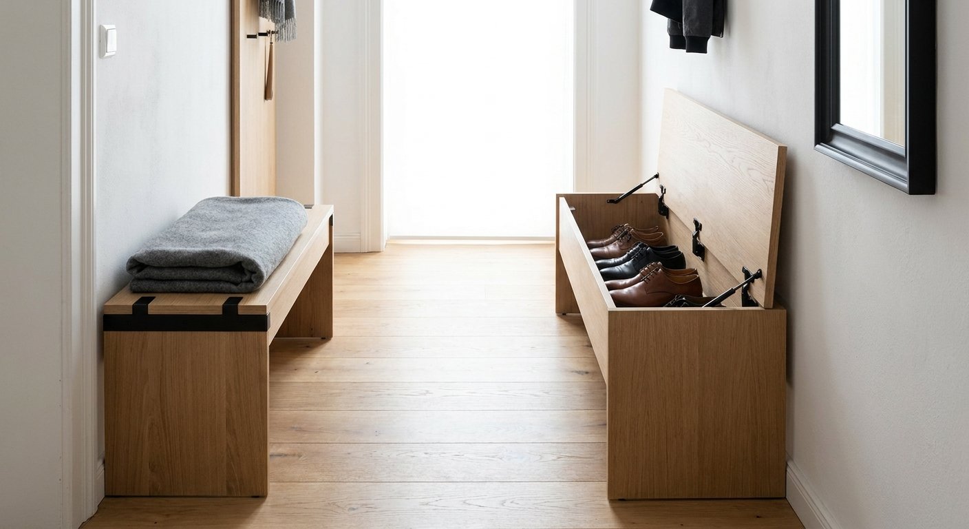 Moderne Eichen-Sitzbank mit aufgeklapptem Schuhfach, Schuhe diagonal eingeordnet im modernen Flur