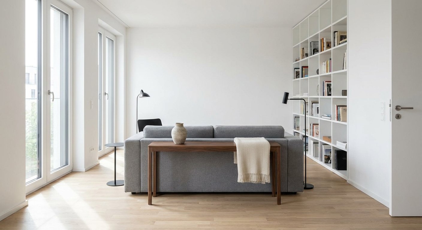 Modernes Wohnzimmer mit grauem Sofa als freistehende Insel mit Walnuss-Konsole dahinter