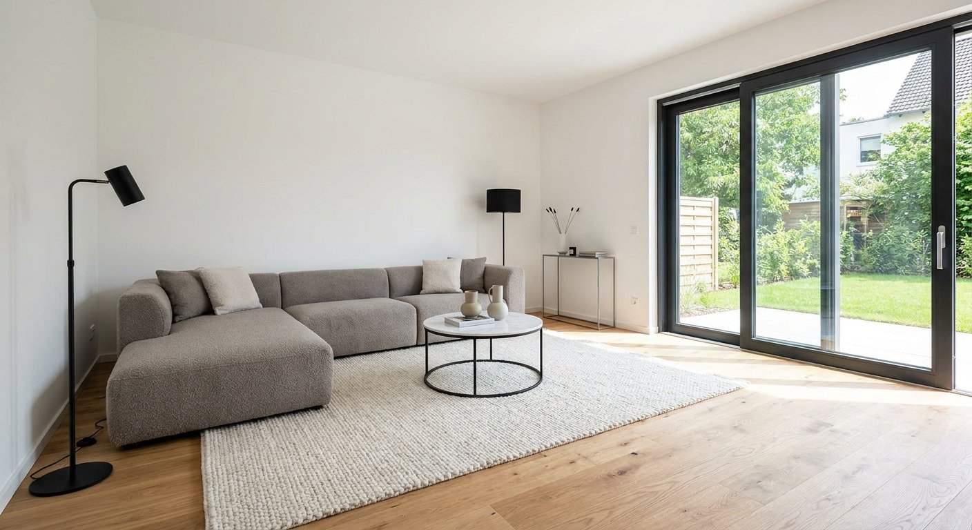 L-förmiges Sofa in modernem Reihenhaus-Wohnzimmer mit rundem Marmor-Couchtisch