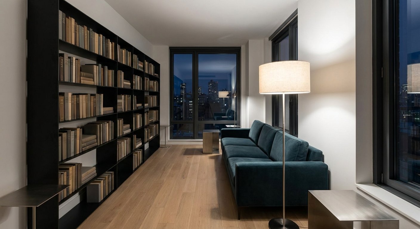 Petrolfarbenes Sofa entlang einer schwarzen Bücherregalwand im modernen Wohnzimmer
