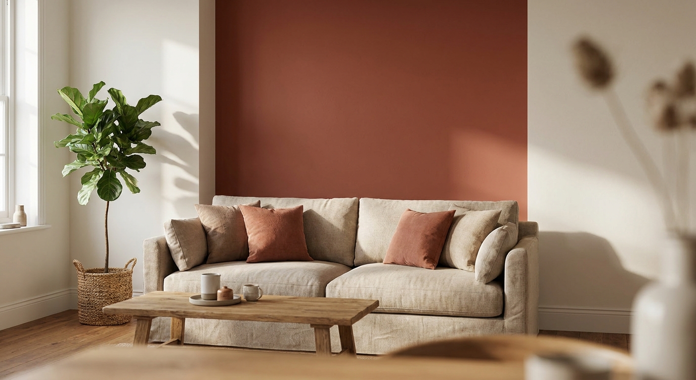 Wohnzimmer mit matter Terrakotta-Akzentwand hinter einem hellen Leinensofa