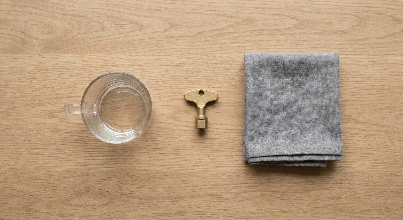 Flatlay auf hellem Holz: kleiner Vierkant-Entlüftungsschlüssel, Glasbecher und gefalteter Lappen. Weiches Tageslicht, gleichmäßige Schärfe.