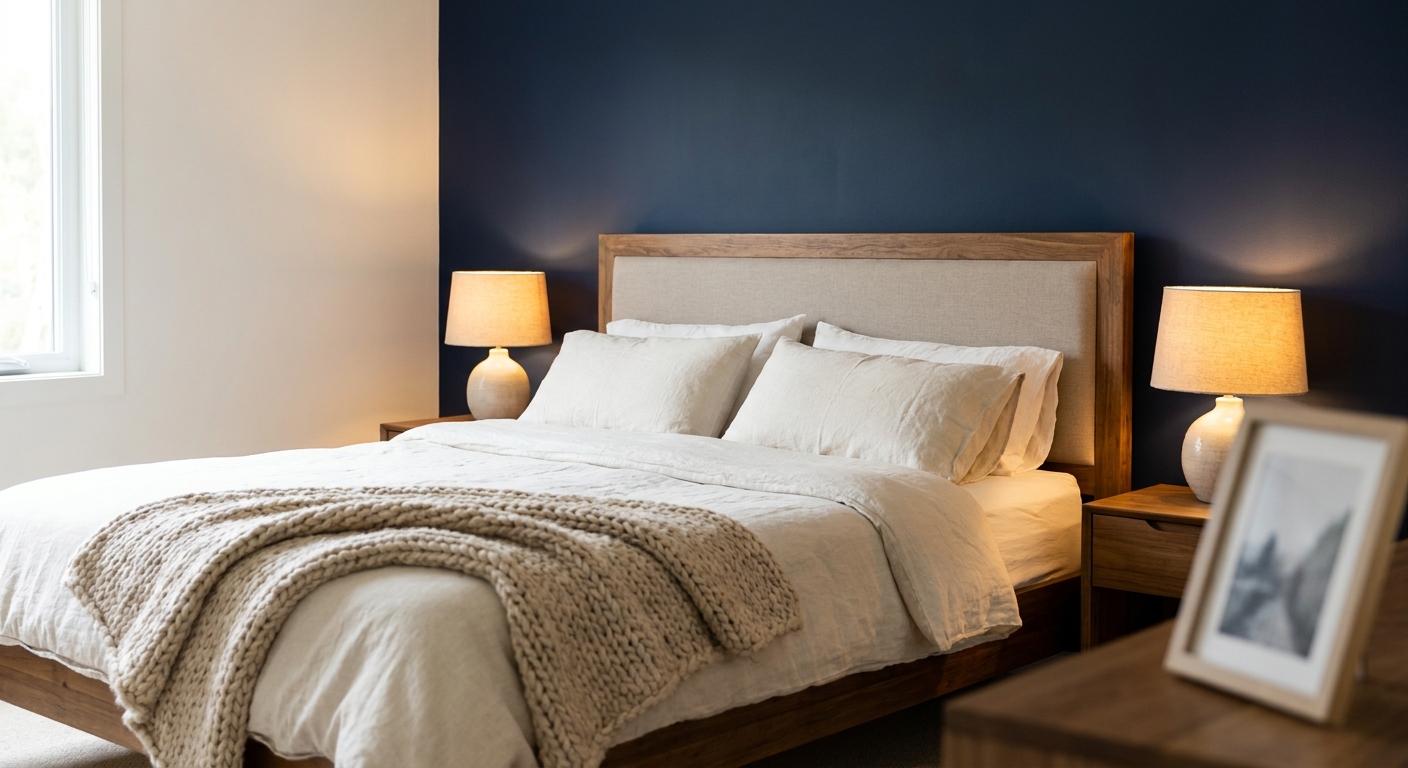 Schlafzimmer mit tiefblauer Akzentwand hinter dem Bett und warmem Nachtlicht
