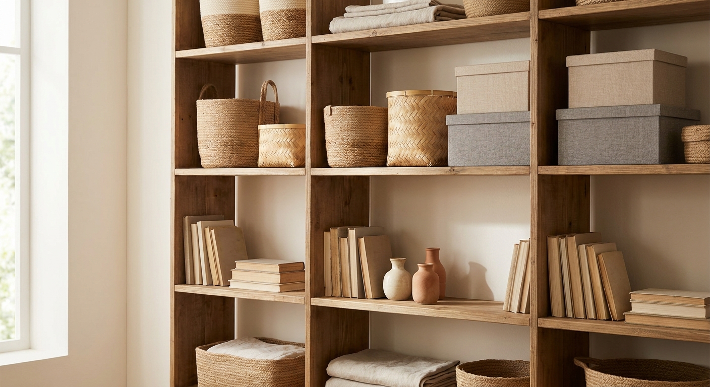 Offenes Regal mit Jute- und Bambuskörben sowie Stoffboxen, übersichtlich unterteilt