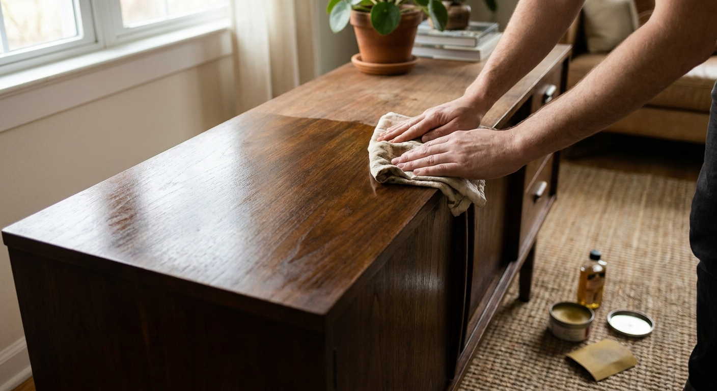 Hände ölen ein aufgearbeitetes Vollholz-Sideboard nach, halbe Fläche behandelt
