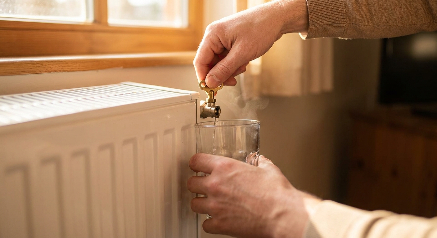 Eine Hand öffnet mit dem Entlüftungsschlüssel das Ventil oben am weißen Heizkörper, die andere hält einen Glasbecher darunter. Warmes Fensterlicht, Ventil scharf im Fokus.