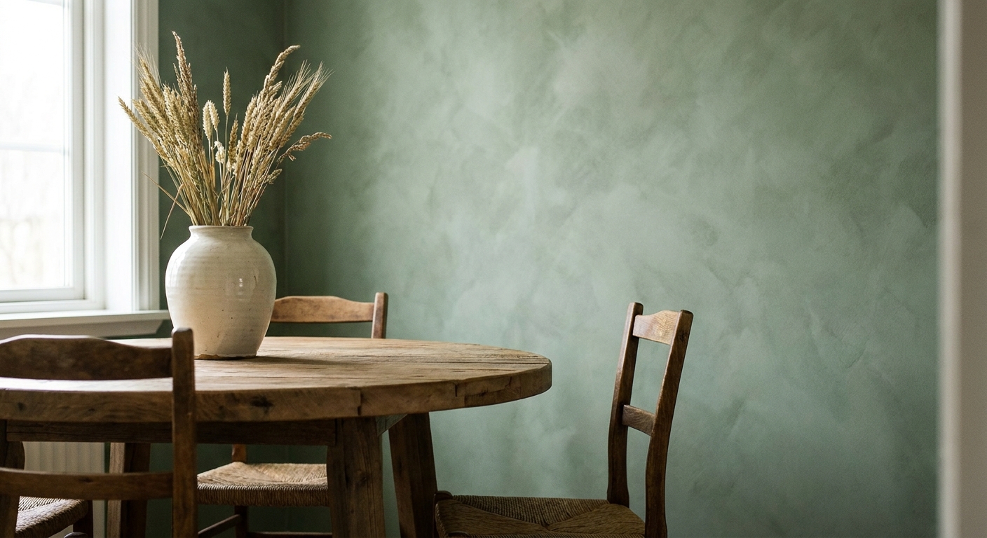 Essbereich mit matter salbeigrüner Wand, Holztisch und Keramikvase mit Trockengräsern
