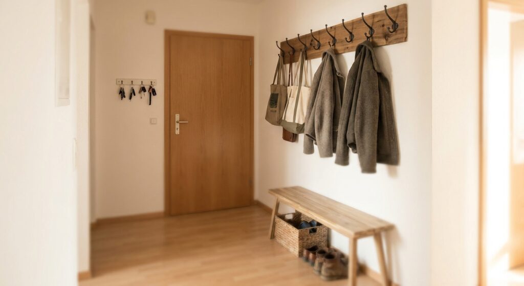 Schmaler Flur mit Wandhaken für Jacken, Bank mit Korb für Schuhe und Schlüsselleiste