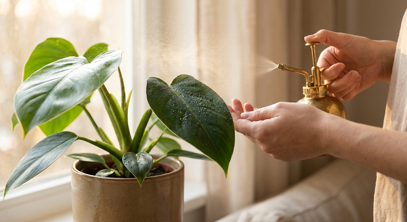 Hände besprühen die Blätter eines Philodendrons mit feinem Wassernebel am Fenster