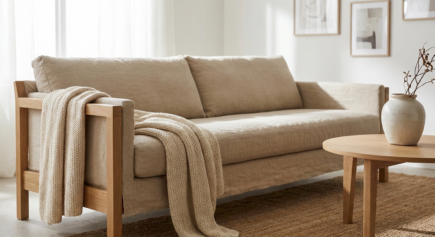 Minimalistisches Leinensofa mit abziehbarem Bezug und stabilem sichtbarem Holzgestell
