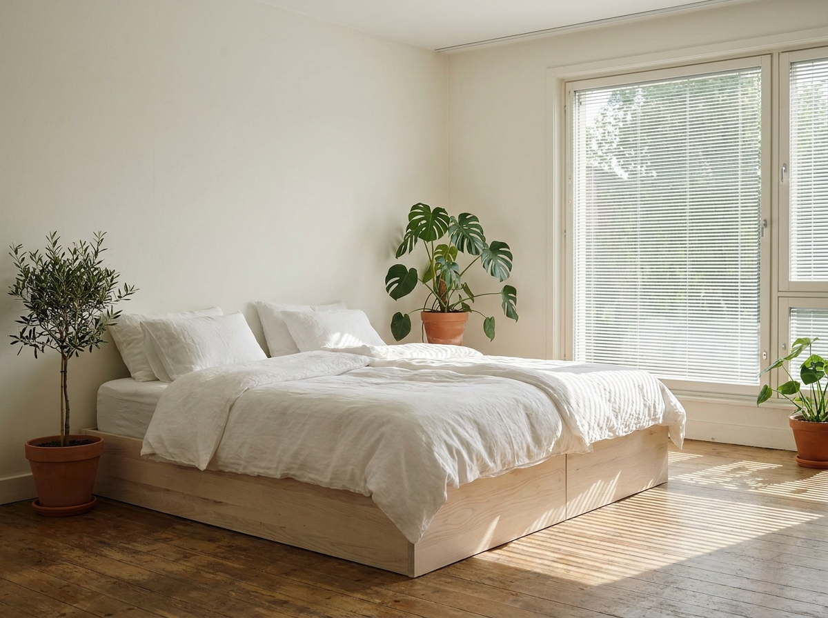Schlafzimmer mit außenliegendem Sonnenschutz im sommerlichen Morgenlicht
