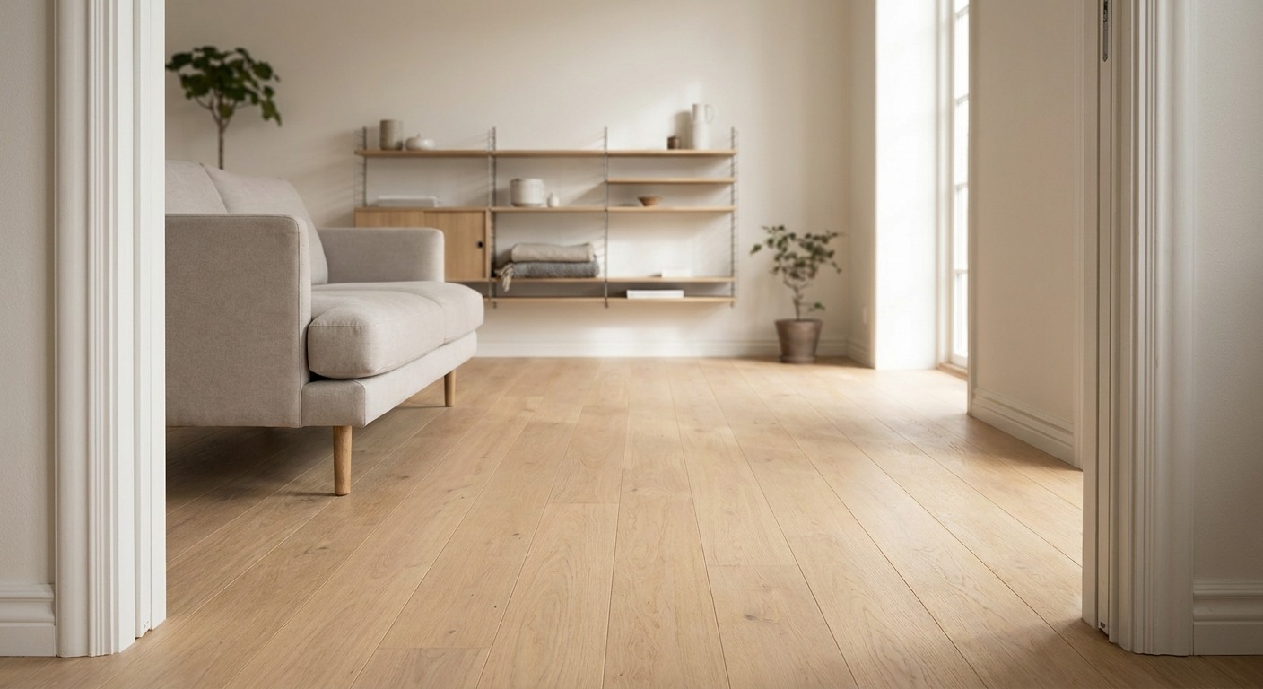 Kleines helles Wohnzimmer mit Sofa auf schlanken Beinen und sichtbarer Bodenfläche darunter