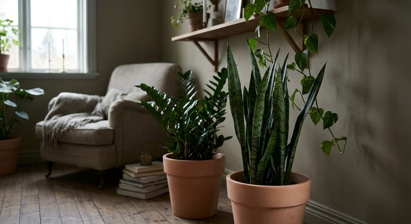 Bogenhanf, Zamioculcas und rankende Efeutute in einer lichtarmen Zimmerecke