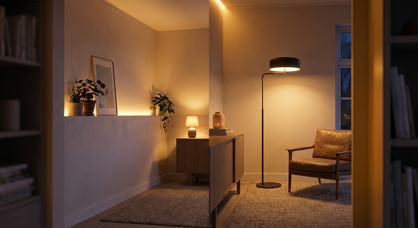 Kleiner Raum mit Stehleuchte, Tischlampe und indirektem Wandlicht in warmer Beleuchtung