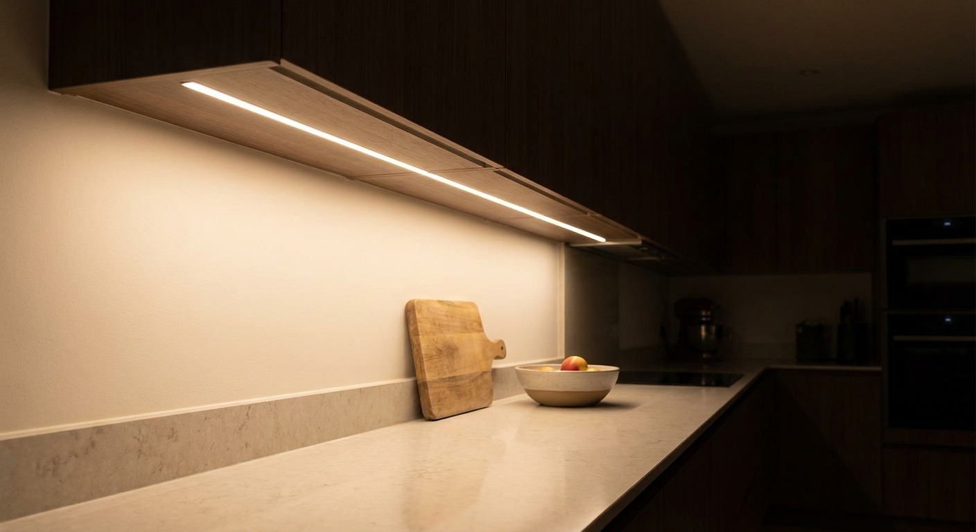 Warmweiße LED-Leiste unter Küchenoberschränken beleuchtet die Arbeitsplatte am Abend