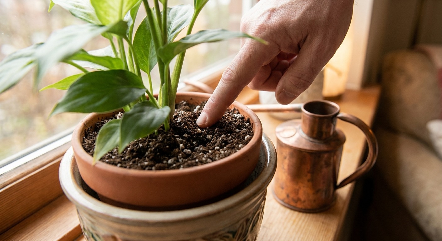 Finger prüft die obere Erdschicht einer Zimmerpflanze auf Trockenheit, Gießkanne daneben
