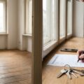Übergabeprotokoll bei der Wohnungsübergabe beim Auszug auf Fensterbank in leerer Wohnung, daneben Schlüsselbund und Kugelschreiber