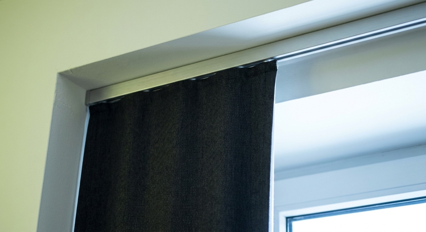 Deckenmontierte Vorhangschiene mit Blackout-Vorhang, kein Lichtspalt zwischen Stoff und Decke