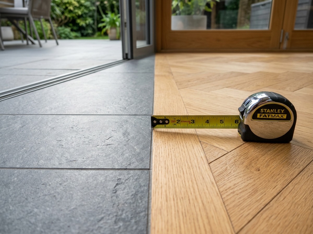 Detailaufnahme eines schwellenlosen Übergangs von Holzparkett zu grauen Terrassenfliesen, daneben liegt ein Stanley FatMax Maßband.