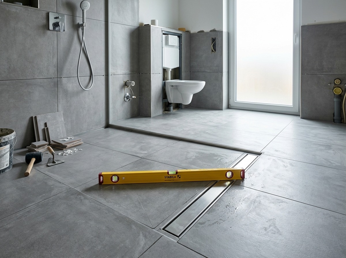 Modernes Badezimmer im Bau mit großen grauen Fliesen und bodengleicher Dusche. Eine Stabila Wasserwaage liegt auf dem Boden.
