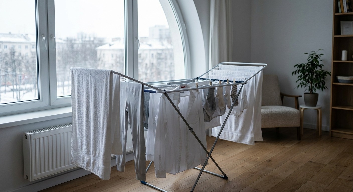 Wäscheständer mit weit auseinander gehängter Wäsche steht längs zu einem hellen Wohnungsfenster, Wäsche in der Wohnung trocknen