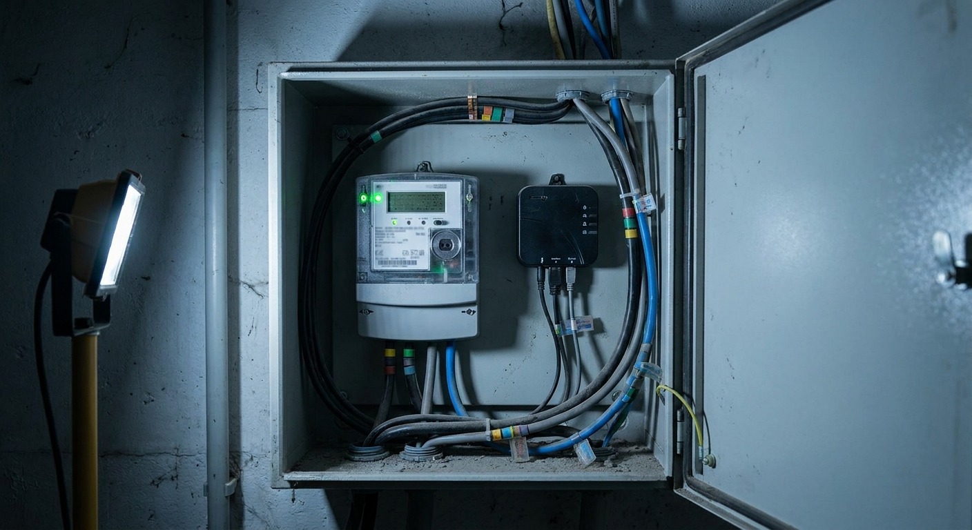 Geöffneter Zählerschrank mit digitalem Stromzähler und daneben montiertem Smart-Meter-Gateway in einer Mietwohnung.