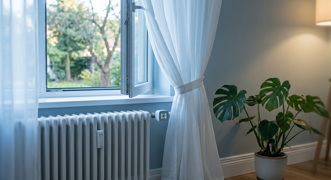 Weit geöffnetes Fenster, darunter ein Heizkörper mit smartem Thermostat, dessen Display ein Symbol für offenes Fenster zeigt