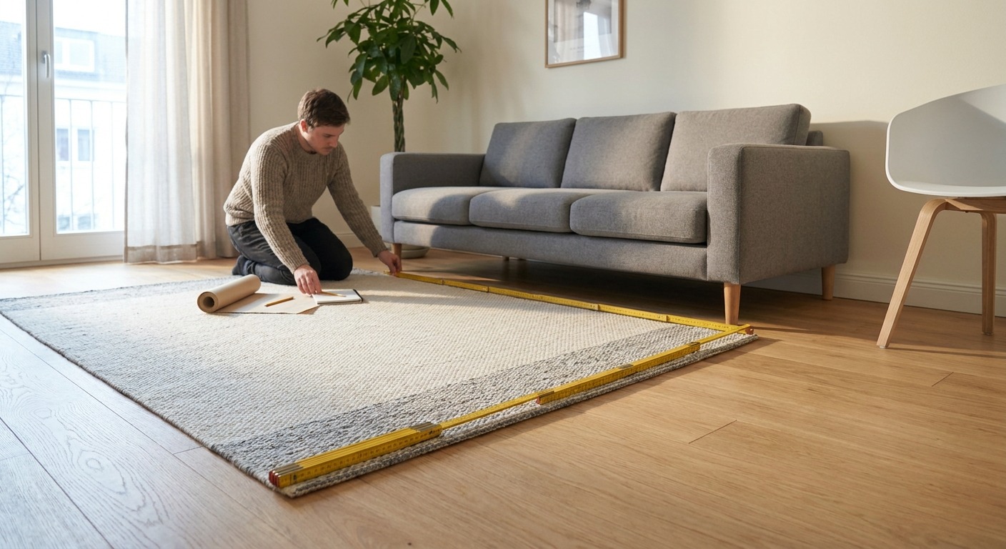Person misst mit einem Zollstock den Abstand zwischen Teppichkante und Sofa im Wohnzimmer, um einen Teppich auszuwählen