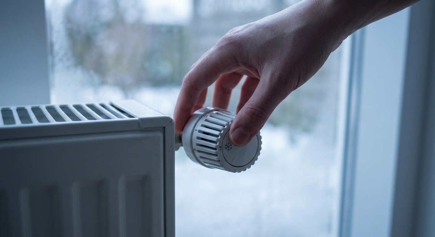 Hand dreht Heizkörperthermostat auf das Schneeflockensymbol der Frostschutzstellung, bevor man die Wohnung im Winter verlässt