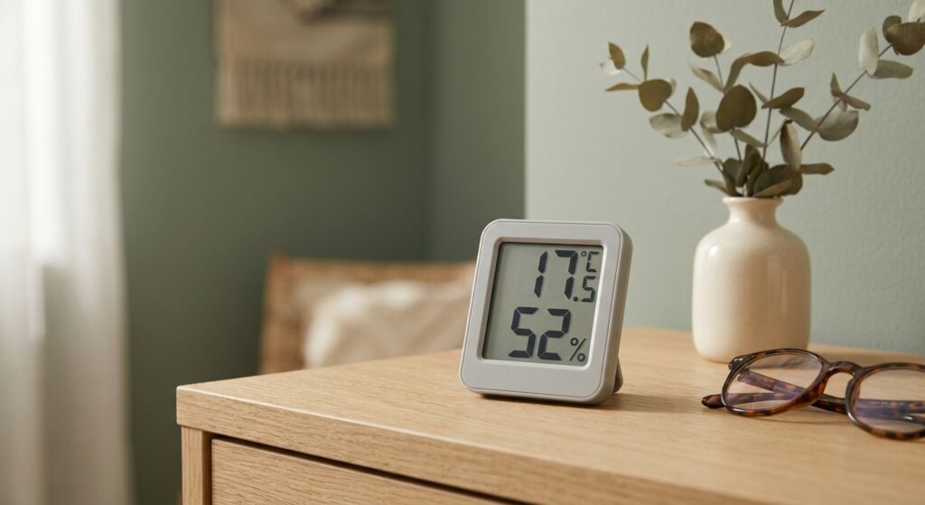 Digitales Hygrometer auf einer Holzkommode im Schlafzimmer zeigt 17,5 Grad Raumtemperatur und 52 Prozent Luftfeuchtigkeit