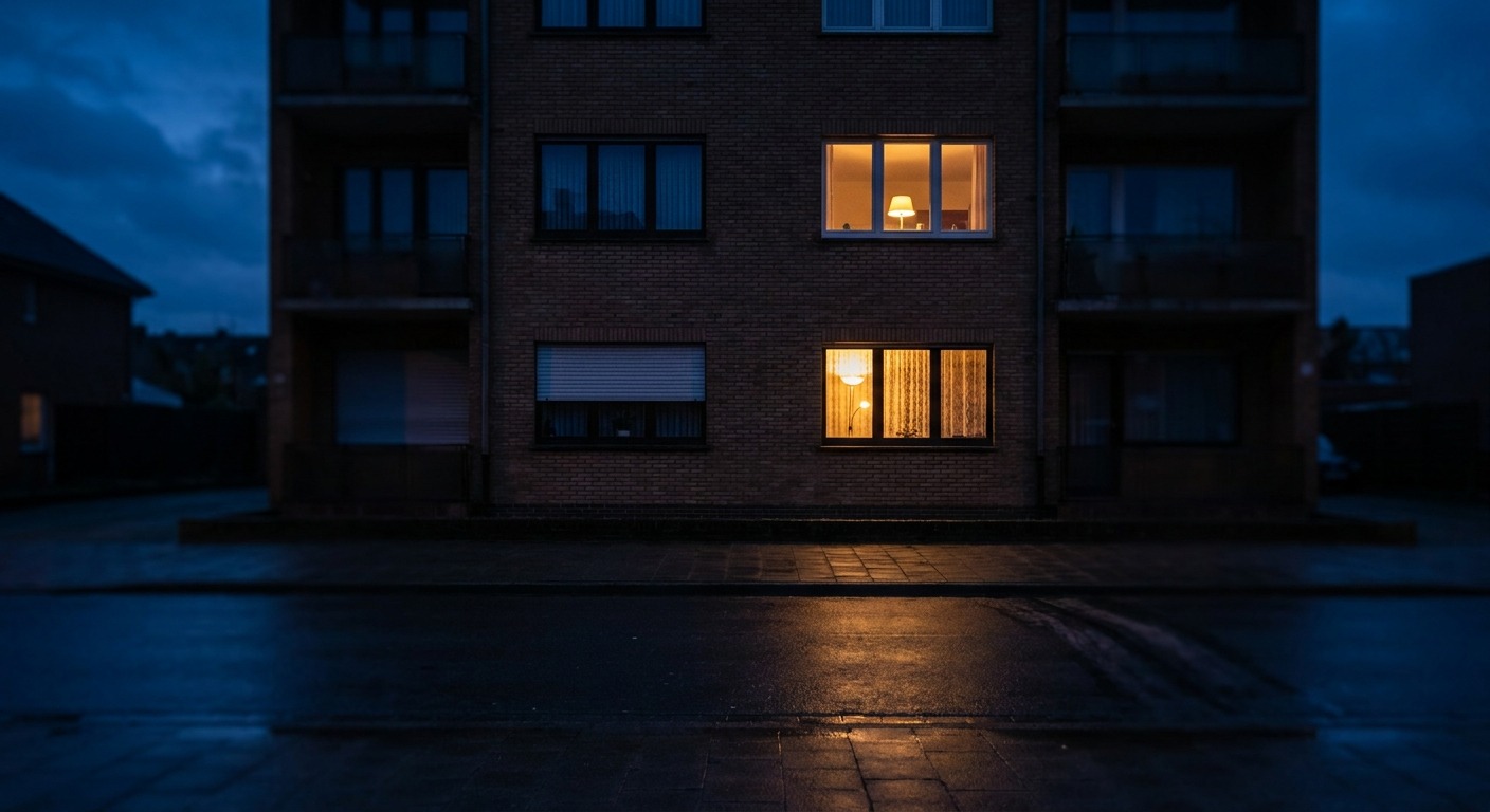 Hausfassade am Winterabend, zwei Fenster durch Zeitschaltuhren warm beleuchtet