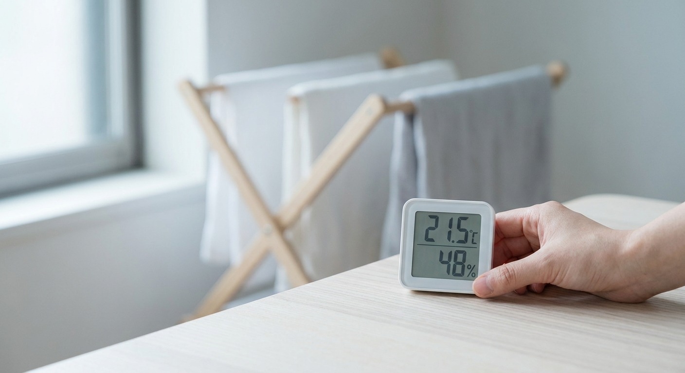 Digitales Hygrometer auf einem Sideboard zeigt die Luftfeuchtigkeit im Wohnraum an